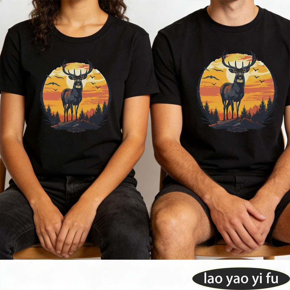 빈티지 사슴 일몰 숲 야생 그래픽 남성 여름 코튼 티셔 - Outdoor Hunting Graphic Tees 리뷰 및 가격
